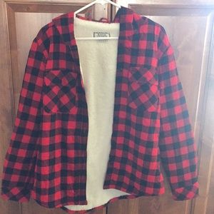 Plaid, red and black, fluffy, winter coat